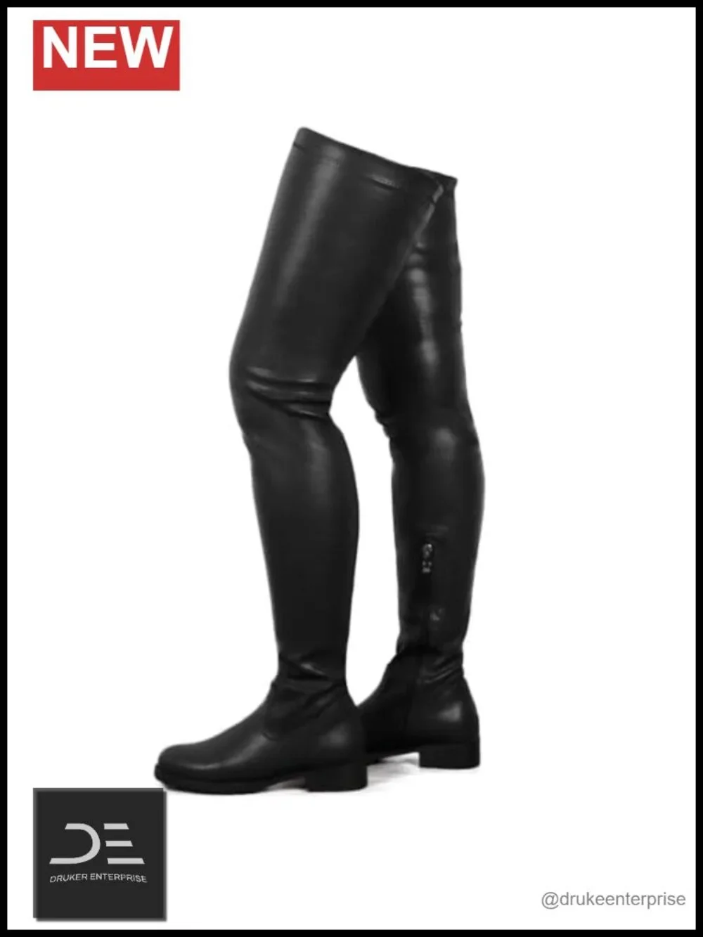 Over the Knee Boots Round Toe Low Chunky Heel Faux Leather Stretch
